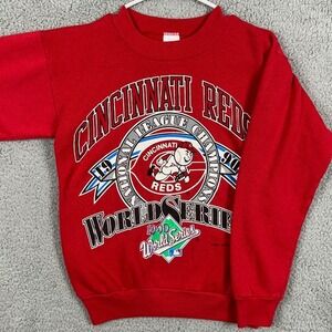 VINTAGE Cincinnati Reds Sweatshirt Mens Small Red 1990‎ World Series Logo 7 Inc.